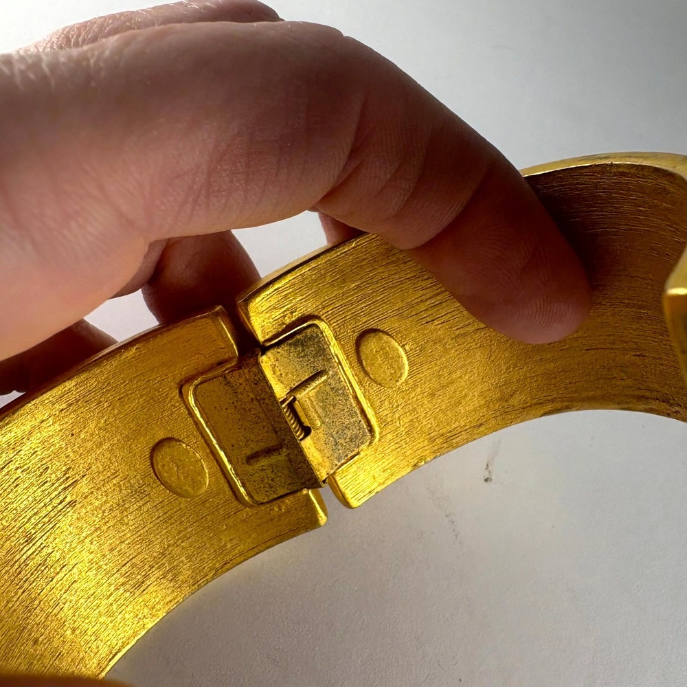 Chunky Gold Tone Wide Cuff Bracelet Crocodile Embossed Textured Hinged Clasp - Picture 3 of 4